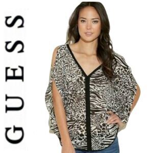 Guess Cold Shoulder Slit Arm Black White Zebra Animal Print V Neck Tunic Blouse